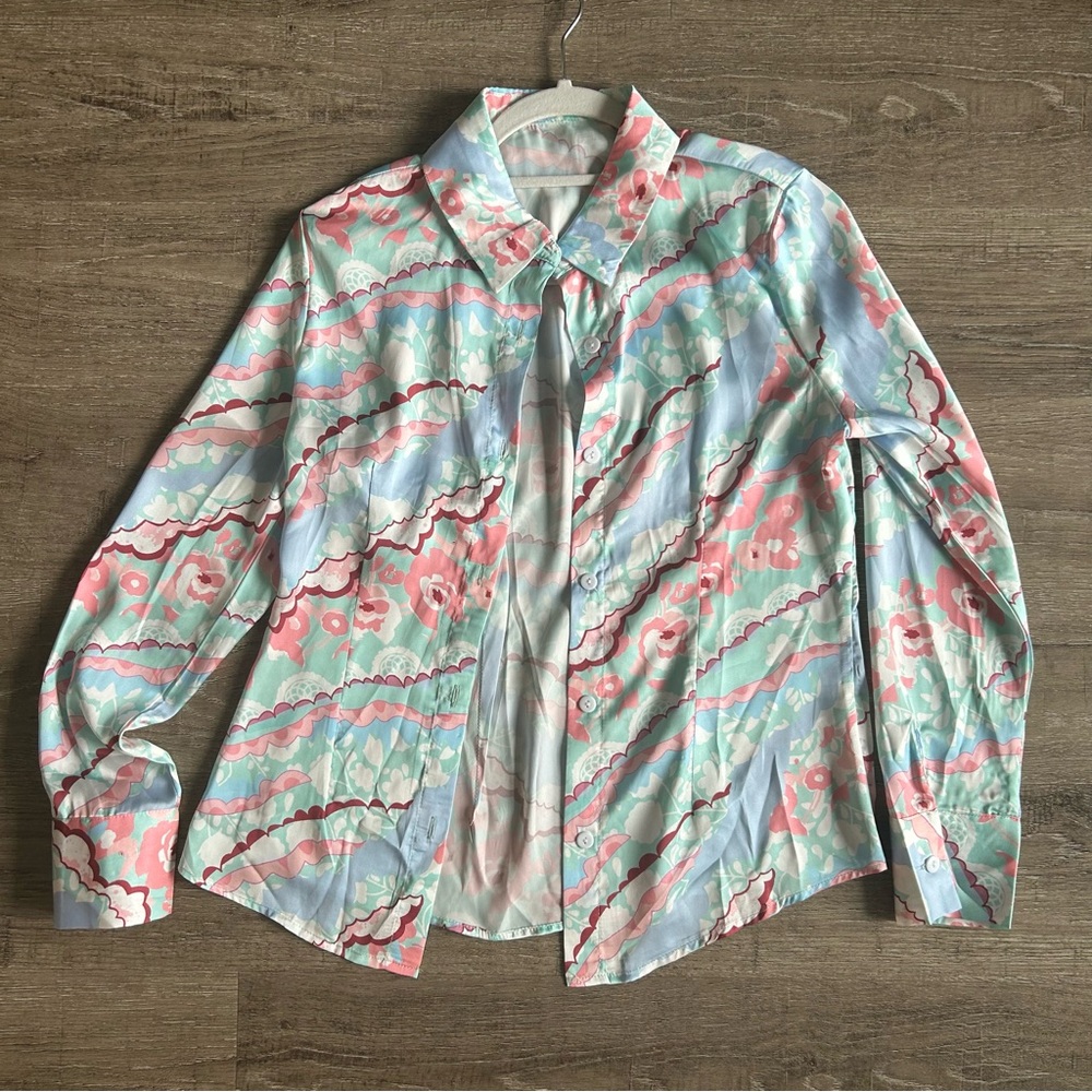 Pastel Floral Wave Button-Up Shirt - Mint, Pink, Light Blue